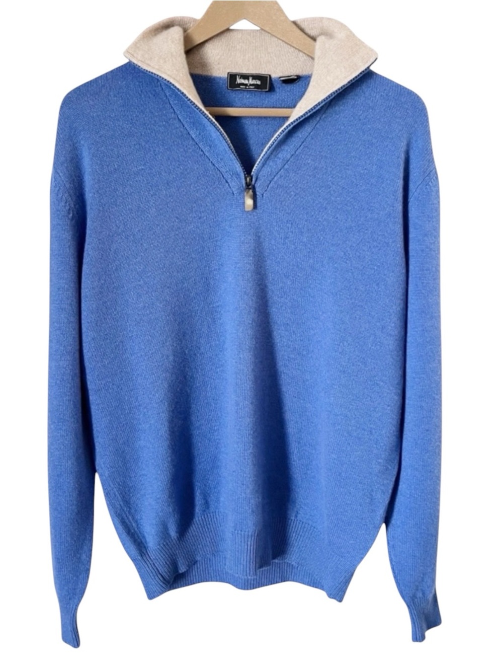 Neiman Marcus Blue 100% Cashmere Size Medium 1/4 Zip Collared Knit Sweater Italy
